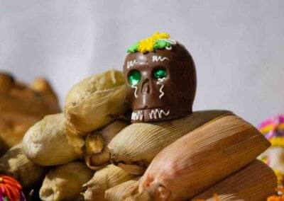 a chocolate skull on top of corn