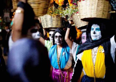 a group of people with baskets on their heads