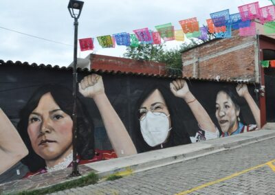 a mural of women with face masks on a wall