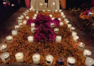 a group of candles on leaves