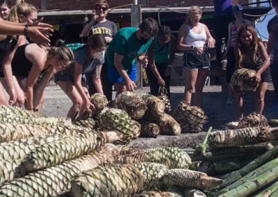 a group of people standing around a pile of pineapples