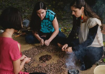 People sitting around chocolate beans