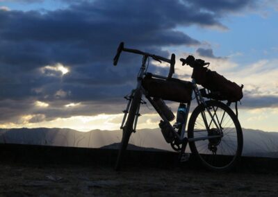 Silhouette of a mountain bike with equipment