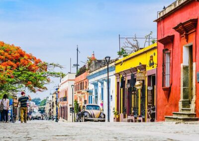 City view with colorful buildings