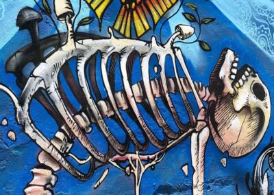 A mural of a skull